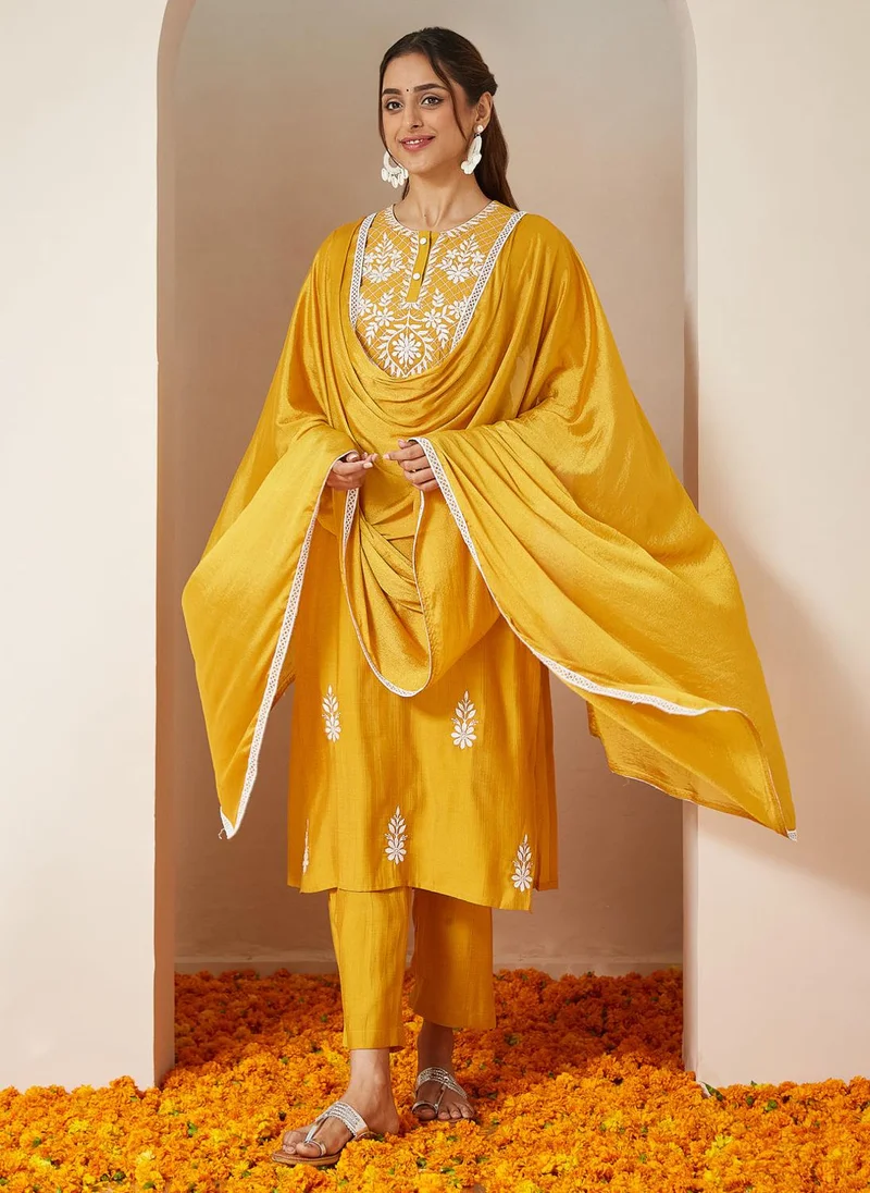 ZERESOUQ Mustard Silk Blend Straight Embroidered 3-Piece Kurta Set